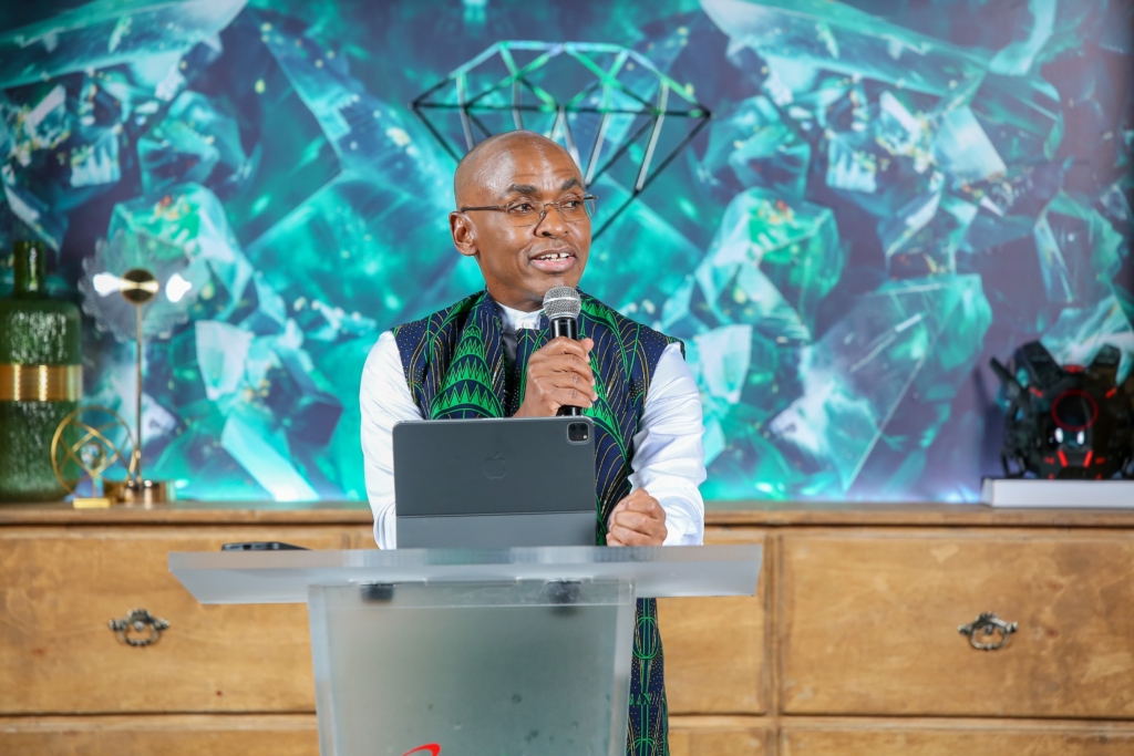 Safaricom CEO Dr. Peter Ndegwa speaking at the launch of the Emerald Platform, a premium customer engagement service offering exclusive benefits, personalized experiences, and VIP rewards