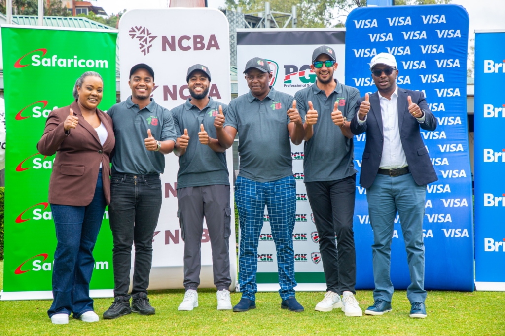 From left: Angeline Ngunjiri - Senior Manager Brand Assets and Sponsorship at
Safaricom, Matthew Wahome, Mutahi Kibugu, Samuel Njoroge, Mohit Mediratta and
Eric Mugo- Senior Manager Ethics & Compliance at Safaricom PLC during the launch
of the Player Development Program for the Equator Tour by the PGK at the Railways
Golf Course in Nairobi.