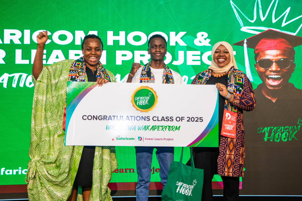 From left, Immaculate Kassait, commissioner, data protection, John Bradil Mukwana, winner of the hackathon and Fawzia Ali Kimanthi , Chief consumer business officer, Safaricom PLC during the Safaricom hook in partnership with power learn project graduation at the Michael Joseph Center on 13th June 2025 after 16 weeks of of training
