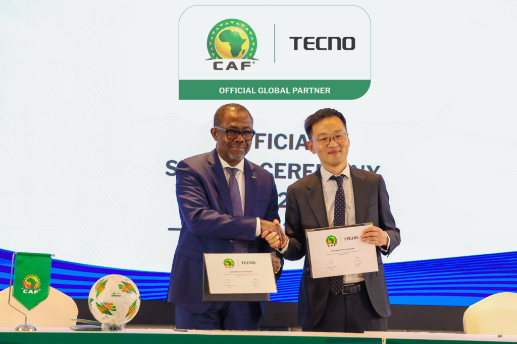 Veron Mosengo-Omba, CAF general secretary (left) and Benjamin Jiang, vice president
Transsion holdings (Right) during TECNO's sponsorship extension announcement for
AFCON.