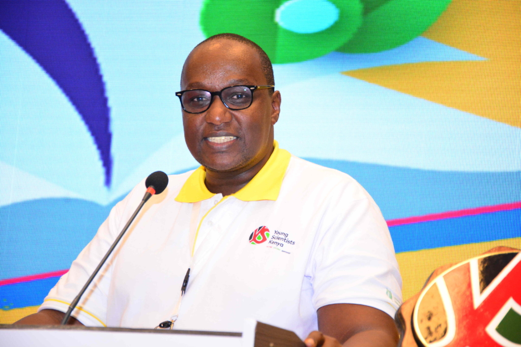 Dr. Victor Mwongera National Director Young Scientists Kenya giving his remarks at the annual National Science and Technology Exhibition in 2024