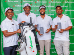 PGK Equator Tour Begins at Ruiru Sports Club, Backed by Safaricom Sponsorship From Left Dr. Peter Ndegwa, CBS, CEO Safaricom PLC handing over official kits to Pro goffers, Sammy Njoroge, Mutahi Kibugu and Matthew Wahome sponsored and fully equipped by Safaricom PLC during PGK Equator Tour 2025.