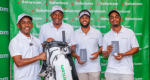 PGK Equator Tour Begins at Ruiru Sports Club, Backed by Safaricom Sponsorship From Left Dr. Peter Ndegwa, CBS, CEO Safaricom PLC handing over official kits to Pro goffers, Sammy Njoroge, Mutahi Kibugu and Matthew Wahome sponsored and fully equipped by Safaricom PLC during PGK Equator Tour 2025.
