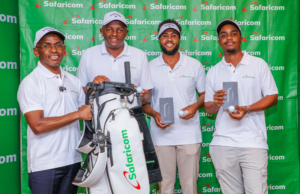 PGK Equator Tour Begins at Ruiru Sports Club, Backed by Safaricom Sponsorship From Left Dr. Peter Ndegwa, CBS, CEO Safaricom PLC handing over official kits to Pro goffers, Sammy Njoroge, Mutahi Kibugu and Matthew Wahome sponsored and fully equipped by Safaricom PLC during PGK Equator Tour 2025.