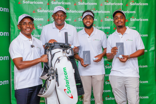 From Left Dr. Peter Ndegwa, CBS, CEO Safaricom PLC handing over official kits to Pro goffers, Sammy Njoroge, Mutahi Kibugu and Matthew Wahome sponsored and fully equipped by Safaricom PLC during PGK Equator Tour 2025.