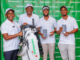 PGK Equator Tour Begins at Ruiru Sports Club, Backed by Safaricom Sponsorship From Left Dr. Peter Ndegwa, CBS, CEO Safaricom PLC handing over official kits to Pro goffers, Sammy Njoroge, Mutahi Kibugu and Matthew Wahome sponsored and fully equipped by Safaricom PLC during PGK Equator Tour 2025.
