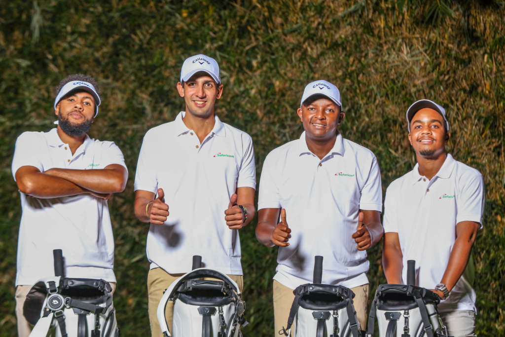From left Pro goffers Mutahi Kibugu, Mohit Mediratta, Sammy Njoroge and Mattew Wahome pose for a photo during the official hand over of kits sponsored fully by Safaricom PLC 