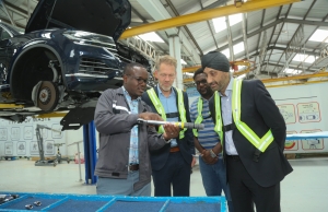 Kenya, Germany Restore Deal to Boost Auto Sector (From left) Deputy Head of Mission, Head of Economic Affairs German Embassy - Alexander Fierley, General Manager, Kenya Vehicle Manufacturers (KVM) - Moses Abiero and CFAO Mobility Managing Director, Arvinder Reel during the German Embassy visit at Kenya Vehicle Manufacturers (KVM).