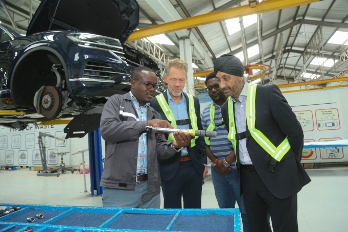 Kenya, Germany Restore Deal to Boost Auto Sector (From left) Deputy Head of Mission, Head of Economic Affairs German Embassy - Alexander Fierley, General Manager, Kenya Vehicle Manufacturers (KVM) - Moses Abiero and CFAO Mobility Managing Director, Arvinder Reel during the German Embassy visit at Kenya Vehicle Manufacturers (KVM).
