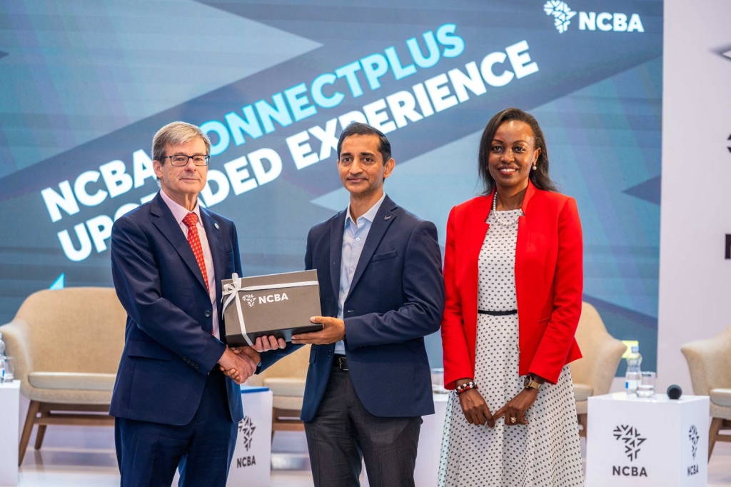 james Gossip, Managing Director, NCBA Bank Kenya PLC (left), Anand Krishnamurthy, EVP and Business Head Digital Transaction Banking & Sally Chege, Director Transactional Banking NCBA during the launched a new digital banking platform called ConnectPlus