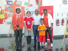 Young Artists Shine as Toyota Dream Car Art Contest Hits Record Participation in Kenya Deputy Managing Director CFAO Mobility Kenya and Ferdinand Omanyala Toyota Brand Ambassador with the winners of the 19th Edition Toyota dream car art contest