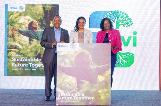 From left: Britam Group Managing Director & CEO Tom Gitogo, Director Legal & Sustainability and Company Secretary Hilda Njeru and Interim Board Chairperson Celestine Munda during the launch of Britam’s 2025 Sustainability Report on Thursday, June 4, 2026.